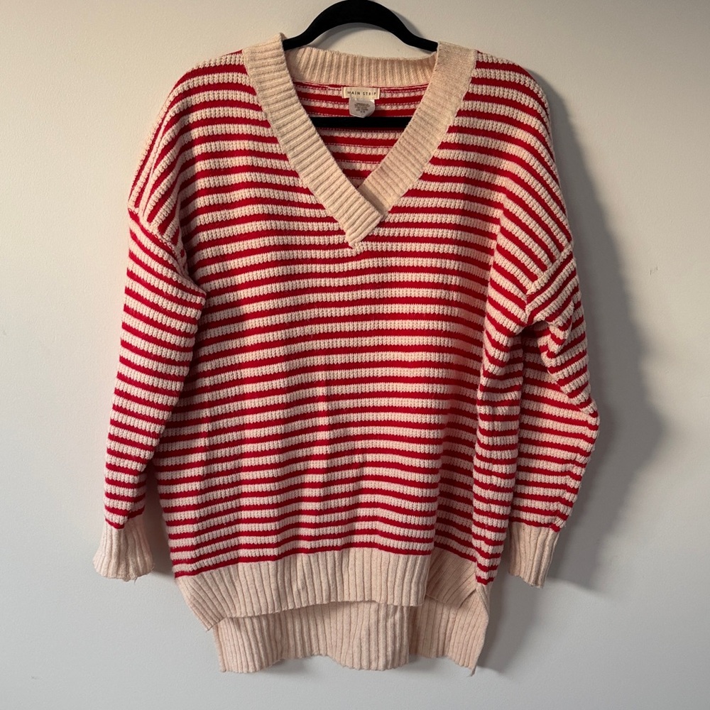 Main Strip Red and Cream Striped V-Neck Sweater